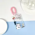 Clear transparent plastic card holder with spring coil cute cartoon cow design for school ID. - Strawberry Cow + Two-tone Pink Spring Rope / Sliding Transparent / Pink Spring Cord