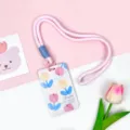 Cute pink sliding card holder with lanyard aesthetic student ID badge protective cover - TULIPS Five Flowers / Pink Long Braided Rope