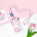 Conjunto de tarjetero con cordón con patrón de tulipán rosa para protección de tarjeta - Cinco Rosas / Cuerda Trenzada Larga Rosa