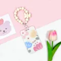 Estuche de tarjeta deslizante floral con correa de cuentas de silicona variante rosa para estudiantes - Cuatro Flores Lindas / Pulsera Lazo Mate Beige