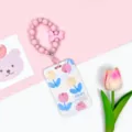 Tarjetero deslizante con correa de muñeca de cuentas rosas y estampado de tulipanes, funda de estudiante. - TULIPANES Cinco Flores / Pulsera Lazo Mate Rosa