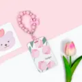 Cordón de muñeca de cuentas de silicona rosa con tarjetero de tulipanes para tarjetas de identificación. - Cinco Rosas / Pulsera Lazo Mate Rosa