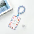 Transparent ABS student card holder with blue flower beaded lanyard, sliding badge protective cover. - Blue Border English Flower Frame / Blue Flower Clasp Beaded Lanyard