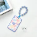 Clear slide ID card holder with cute floral beaded lanyard, perfect for student badges. - Blue Border Colorful Hearts / Blue Flower Clasp Beaded Lanyard