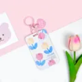 Tarjetero deslizante rosa con bonito diseño de tulipanes y llavero de corazón para estudiantes. - TULIPANES Cinco Flores / Llavero de Corazón Rosa