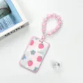 Cute pink strawberry slide ID card holder with beaded wrist lanyard for students. - Pink Border Strawberry Flower / Pink Flower Clasp Beaded Lanyard