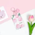 Lindo tarjetero deslizante de tulipán rosa llavero funda protectora de credencial. - Cinco Rosas / Llavero de Corazón Rosa