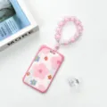 Pink slide card holder with cute clover bead strap, ABS campus badge protector cover variant. - Pink Border All-over Flower / Pink Flower Clasp Beaded Lanyard