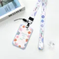 Ins style student card holder transparent ABS badge lanyard ID card protective case. - Blue Border English Flower Frame / Blue Flower Long Lanyard