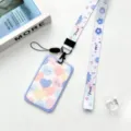 INS style student sliding card holder clear ABS badge lanyard protective cover variant. - Blue Border Colorful Hearts / Blue Flower Long Lanyard