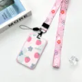 Pink strawberry floral ID card holder with matching lanyard, cute student bus card case. - Pink Border Strawberry Flower / Pink Flower Lanyard