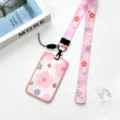 Pink floral card holder with matching lanyard, cute ABS badge holder for students and daily use. - Pink Border All-over Flower / Pink Flower Lanyard
