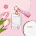 Rosa transparenter Kartenhalter ID Abzeichen Schutzhülle mit Schlüsselanhänger süß. - Schiebe Transparent-Gemustertes Herz Dialogbox + Rosa Farbverlauf Schlüsselanhänger