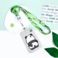Cute cartoon panda ID card holder set with green lanyard, perfect for students and office workers. - Scratching Panda And Retractable Long Lanyard