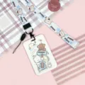 Cute cartoon bear ID card holder with matching lanyard for students, sweet pink style. - White Guitar Cat + Star Dog Long Lanyard