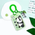 Cute green panda ID card holder with coil wristlet and cartoon pendant for students and office. - Prone Panda + Green Spring Rope with Panda Buckle