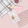 Cute cartoon dog card holder with lanyard and keychain, pink student ID badge protector sleeve. - Pink Sweetheart Cat + Pink Flower Keychain