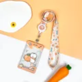 Cute transparent cartoon card holder with lanyard and badge reel, orange bear design for students. - Orange Holding Dog With Long Strap / Sliding Transparent