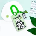Cute panda cartoon card holder student ID badge protective sleeve slide bus card case - Stacked Panda + Green Spring Rope with Panda Buckle