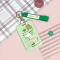 Cute green silicone card holder with lanyard, cartoon matcha bear design for student ID. - Green Matcha Dog + Green Flower Keychain
