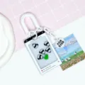 Cute panda shaker card holder with lanyard, transparent student ID badge sleeve accessory. - Panda (Black Border) / White Spring Rope + White Chain Heart Pendant