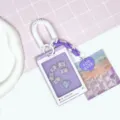Purple cute animal shaker ID card holder with coil strap and heart pendant for students and girls. - Pyjama Bear (Purple Border) / White Spring Rope + Purple Chain Heart Pendant