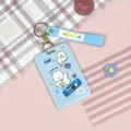 Cute blue cartoon dog ID card holder with lanyard, durable silicone bus card cover set. - Blue Oreo Dog + Blue Flower Keychain