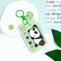 Cute cartoon panda sliding card holder badge ID protector with keychain in green style - Prone Panda + Green Heart Keychain