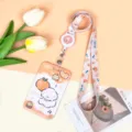 Portatarjetas retráctil de ABS con cordón lindo de perro naranja dibujos animados y funda - Perro Naranja Pastel + Cordón Retráctil Conejo Naranja Cuadros (Conejo Naranja)