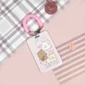 Pink cartoon student card holder with coil wrist strap, cute puppy ID badge protector. - Pink Sweetheart Cat + Pink Spring Rope