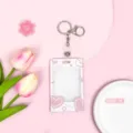 Rosa transparenter Kartenhalter Ausweishalter Schlüsselanhänger süßer Stil Schutzhülle - Schiebe Transparent-Liniertes Herz Dialogbox + Lederriemen Metallverschluss