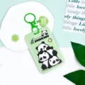 Cute cartoon panda sliding card holder with keychain green student badge ID protective cover - Stacked Panda + Green Heart Keychain