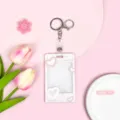 Plastik harte transparente Kartenhülle Ausweishalter süßer Student Buskarten Schutzhülle Schlüsselring - Schiebe Transparent-Sweet Herz Dialogbox + Lederriemen Metallverschluss