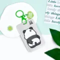 Cute panda cartoon card holder, grey sliding badge protector with green keychain. - Scratching Panda + Green Heart Keychain