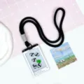 Cute panda shaking card holder with black lanyard, creative student meal card protective sleeve. - Panda (Black Border) / Black Long Braided Rope