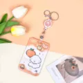 Lindo tarjetero ABS de dibujos animados naranjas con portatarjetas retráctil para estudiantes - Perro Naranja Pastel + Portacarretes Retráctil Blanco (Conejo Naranja)