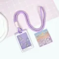Purple phone style shaker card holder with lanyard and cute bear design, ID card badge case. - Pyjama Bear (Purple Border) / Purple Long Braided Cord