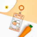 Transparent cute cartoon card holder clear protective sleeve for student id and bus card - Orange Holding Dog With Orange Keychain / Sliding Transparent