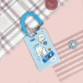 Cute cartoon dog ID card holder with coiled wrist strap, clear badge cover for students. - Blue Oreo Dog + Light Blue Spring Rope