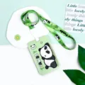 Cute cartoon panda card holder with matching lanyard, sliding relief student bus pass protector. - Prone Panda With Integrated Clasp Lanyard