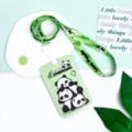 Green cute panda ID card holder variant with matching lanyard, sliding badge protector cover. - Stacking Pandas With Integrated Clasp Lanyard