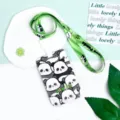 Cute cartoon panda ID card holder with green lanyard, perfect for students and daily use. - All-over Mini Pandas And Integrated Button Lanyard