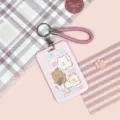 Cute cartoon card holder for students, pink puppy ID badge holder with braided strap key ring. - Pink Sweetheart Cat + Pink Hand Rope
