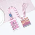 Cute pink cat shaker card holder with matching lanyard for student ID and bus pass use - Kitty (Pink Border) / Pink Long Braided Rope