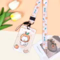 Portatarjetas lindo de naranja de dibujos animados con cordón para credencial escolar funda. - Perro Blanco Sombrero Naranja + Cordón Largo Conejo Naranja Cuadros