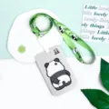 Cute cartoon panda card holder with green lanyard for student ID badge and bus card. - Scratching Panda With Integrated Clasp Lanyard