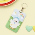 Cute cartoon slide card holder with metal keychain, sweet student bus card protective case. - Blue Hat White Goose / Round Buckle