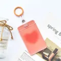 Transparent student ID card holder with key ring, cute pink aesthetic card sleeve. - Orange Heart (With Orange Faux Leather Strap Ring)