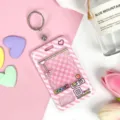 Pink claw machine transparent card holder with keychain for students cute ID badge cover - Pink Grid Game Console + Leather Strap Round Buckle