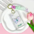 Transparent butterfly ID card holder with strap and keychain for students and daily use. - Hand-Drawn Purple Butterfly + Purple Gradient Keychain